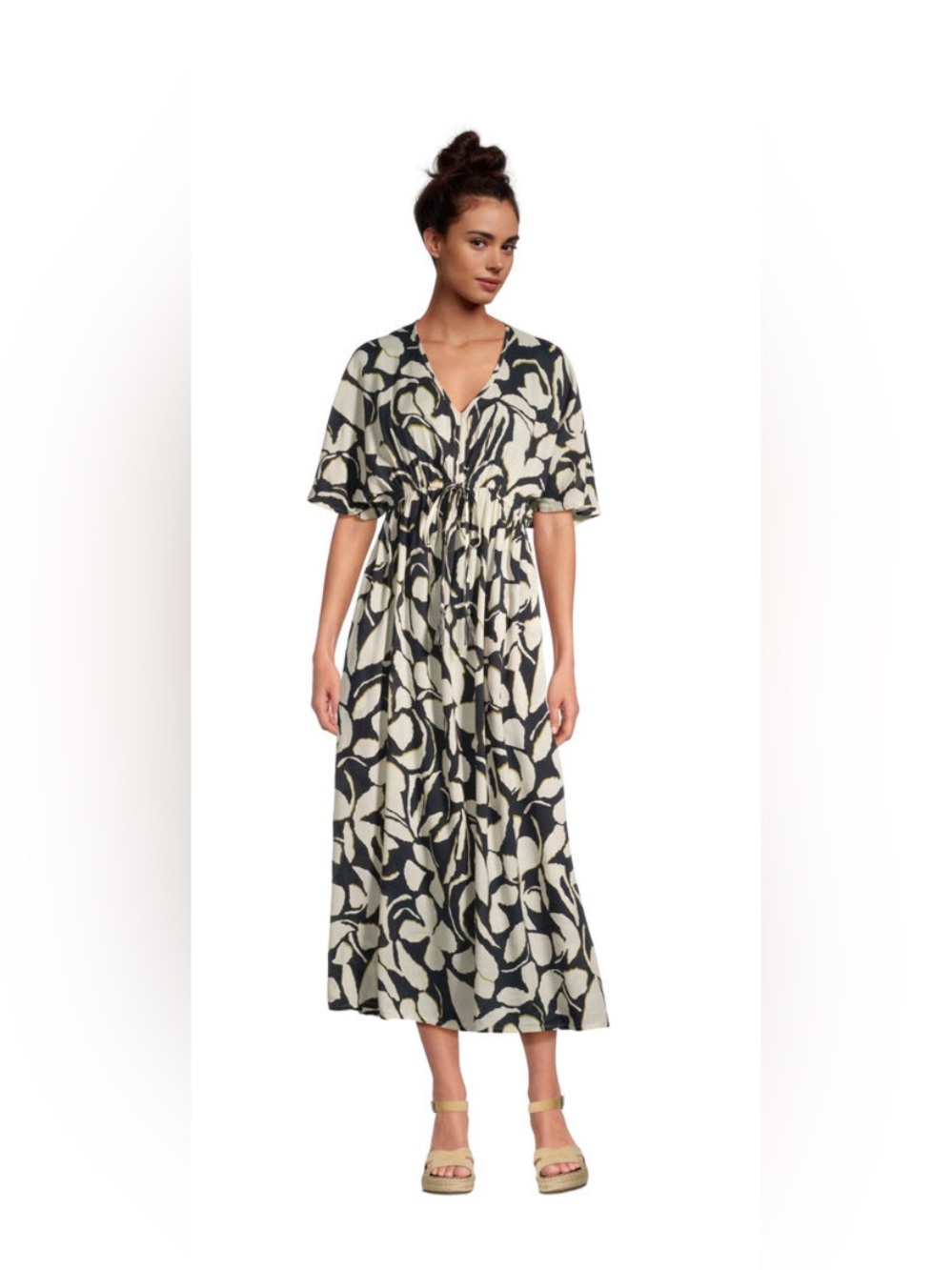 Mira Black and Ivory Abstract Floral Kaftan Dress L/XL NWT